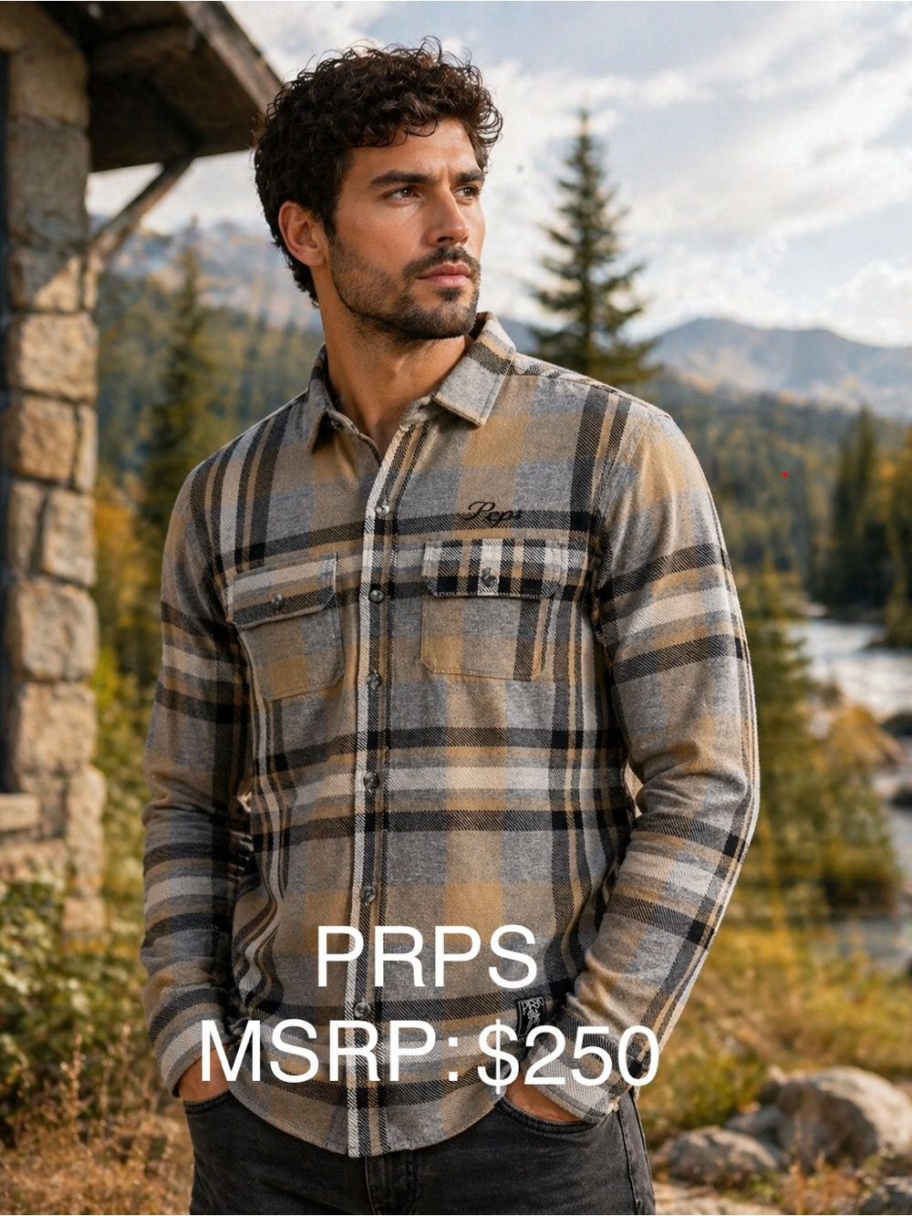 ❄️PRPS Men's Plaid Shirt Jacket in Taupe and Gray size MEDIUM